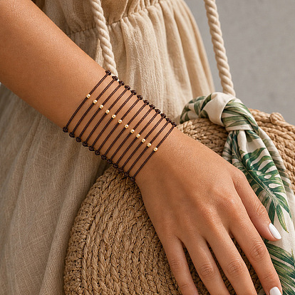 Brass Round Beads Handwoven Polyester Cord 2-Strand Bracelet Sets, Adjustable Stackable Bracelets, Golden