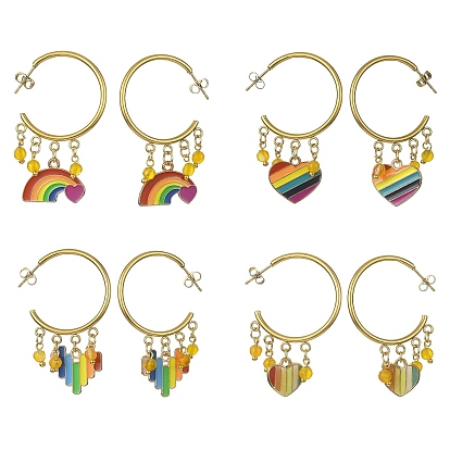 Rainbow Pride Flag Alloy Enamel Dangle Stud Earrings, Natural Agate Beads Drop Half Hoop Earrings