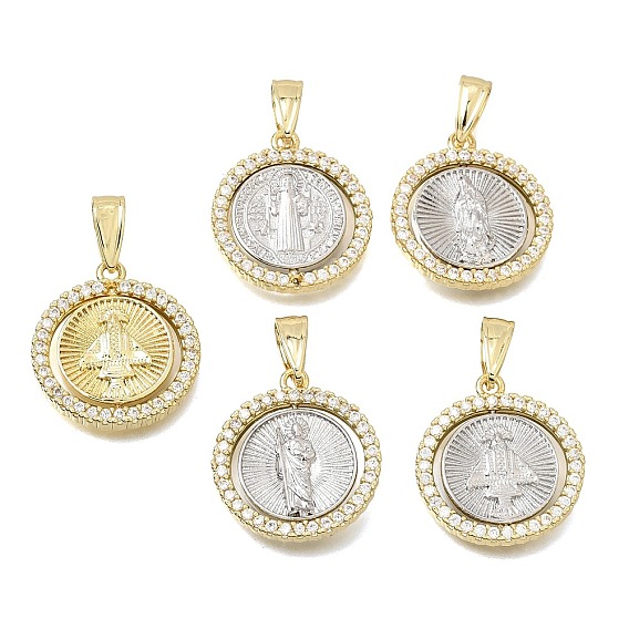 Religion Brass Micro Pave Clear Cubic Zirconia Pendants, Flat Round Charms, Rack Plating, Long-Lasting Plated, Cadmium Free & Lead Free