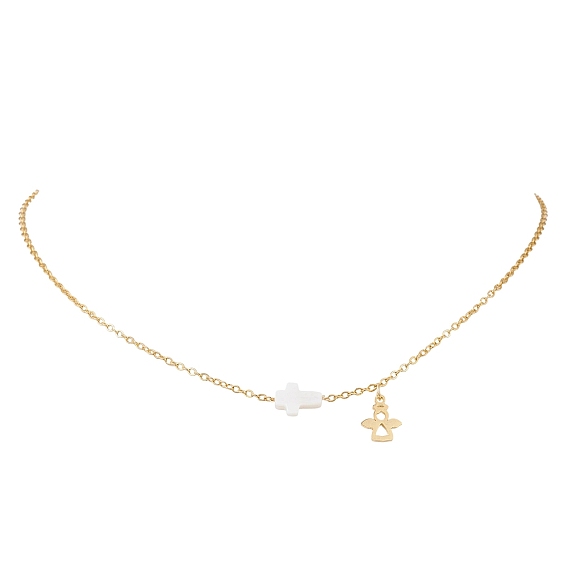 304 ожерелья с подвесками-крестами в виде ангела из нержавеющей стали и натуральной пресноводной ракушки, белые