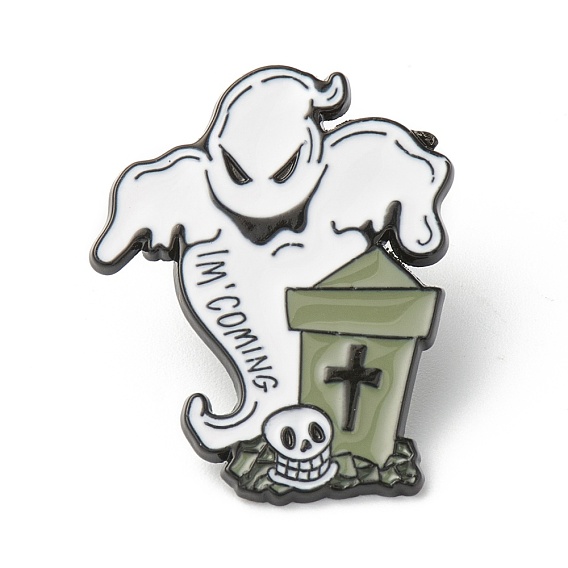 Broches émaillées en alliage, broche en émail, pour halloween, avec embrayages en caoutchouc, fantôme avec tombe, mot je viens, blanc