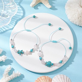 2шт. браслеты из синтетических бирюзовых бусин в виде черепахи и морской звезды для женщин, с натуральным розовым кварцем