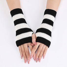Warm Knitted Acrylic Fiber Stripe Half Sleeve Gloves, Women's Autumn and Winter Exposed Finger Sleeve