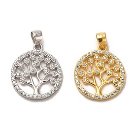 Rhodium Plated 925 Sterling Silver Pendant, with Cubic Zirconia, Flat Round with Tree of Life Charms, with 925 Stamp