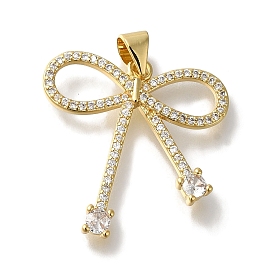 Bowknot Rack Plating Brass Clear Cubic Zirconia Pendants, Cadmium Free & Lead Free, Long-Lasting Plated