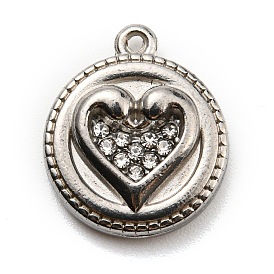 316 Surgical Stainless Steel with Rhinestone Pendants, Flat Round with Heart Charms