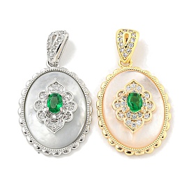 Brass Micro Pave Clear Cubic Zirconia Pendants, with Glass, Oval Charms