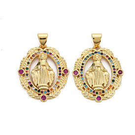 Brass Micro Pave Cubic Zirconia Pendants, Nickel Free, Oval with Virgin