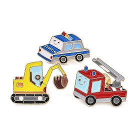 Cartoon Vehicle Theme Enamel Pin, Light Gold Alloy Brooch for Backpack Clothes, Police Car/Excavator/Crane