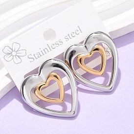 304 двухцветные серьги-гвоздики в форме сердца из нержавеющей стали, ионное покрытие (ip)