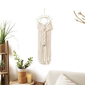 Handmade Cotton Cord Macrame Wall Hanging Ornaments, with Metal Eye and Natural Gemstone for Home Living Room Decoration