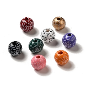 Halloween Printed Spider Webs Colored Wood European Beads, Large Hole Beads, Round