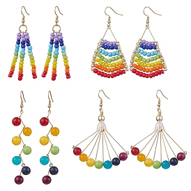 4Pairs 4 Styles Gemstone Dangle Earrings, with 304 Stainless Steel Earring Hooks and Glass Beads