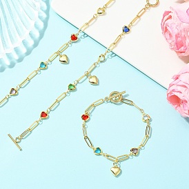 Heart Charm Handmade Brass Glass Link Chain Bracelets with OT Clasps, Mixed Color