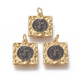 Pendentifs en laiton, avec des anneaux de saut, plaqué longue durée, carré avec médaille de saint benoît / saint benoît