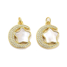 Brass Micro Pave Clear Cubic Zirconia Pendants, with Shell, Jump Ring, Moon with Star