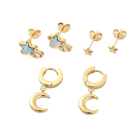 Placage ionique (ip) 3 paires 3 styles 304 boucles d'oreilles étoile et lune en acier inoxydable, avec poudre pailletée et émail pour femme