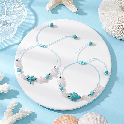 2шт. браслеты из синтетических бирюзовых бусин в виде черепахи и морской звезды для женщин, с натуральным розовым кварцем