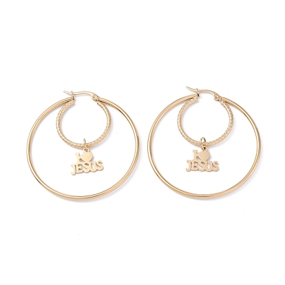 304 boucles d'oreilles en acier inoxydable, bague double avec mot j'aime jésus