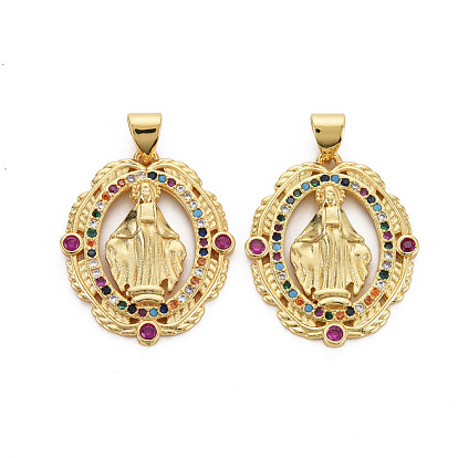 Brass Micro Pave Cubic Zirconia Pendants, Nickel Free, Oval with Virgin