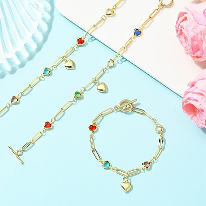 Heart Charm Handmade Brass Glass Link Chain Bracelets with OT Clasps, Mixed Color