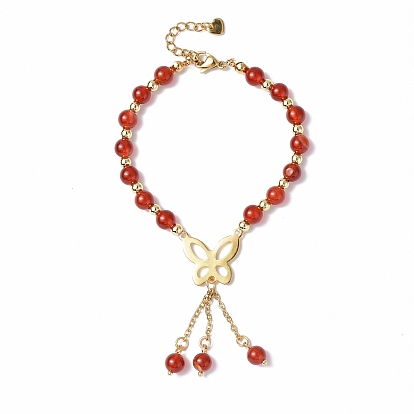 Edelstein Perlen Armbänder, 304 Edelstahl-Schmetterlings-Armbänder mit Troddelkette für Damen