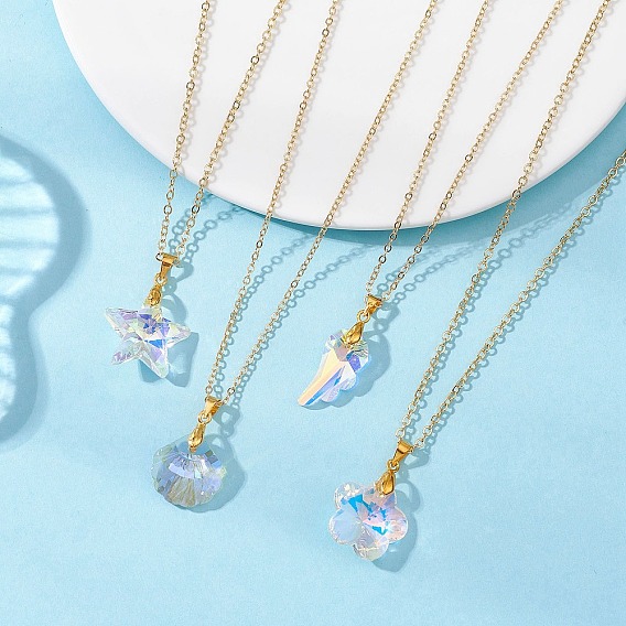 4 шт. 4 стили прозрачного стекла AB с подвеской в форме крыла цветка, звезды, ракушки, латунные ожерелья с цепочкой для женщин, золотые