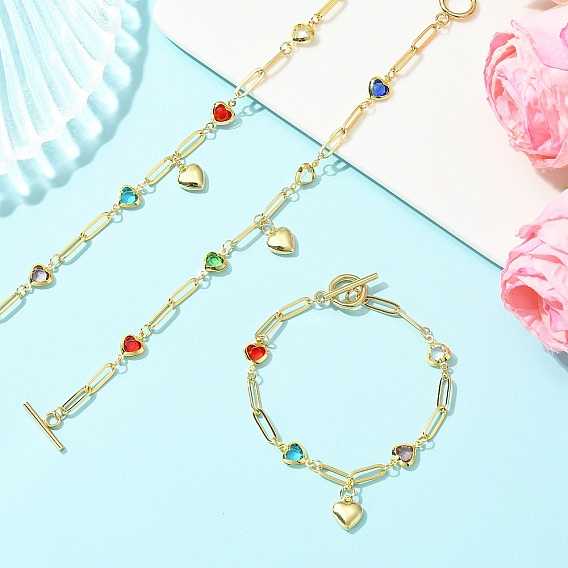 Heart Charm Handmade Brass Glass Link Chain Bracelets with OT Clasps, Mixed Color