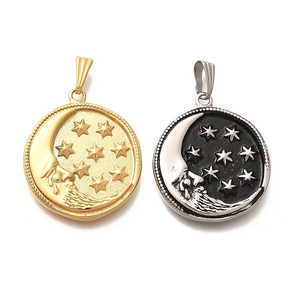 304 подвески из нержавеющей стали, плоский круглый с подвеской в виде луны и звезды
