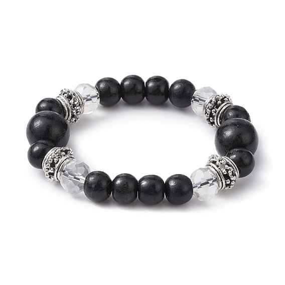 Эластичный браслет из натурального дерева и стекла с круглыми бусинами