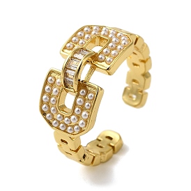 Rack Plating Arch Buckle Brass Micro Pave Clear Cubic Zirconia Open Cuff Rings, with ABS Plastic Imitation Pearl Beads, Long-Lasting Plated