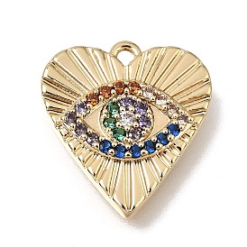 Brass Micro Pave Colorful Cubic Zirconia Pendants, Heart with Evil Eye Charms