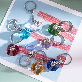 Diamond Shape Faceted Glass Keychain, with Platinum Plated Iron Split Key Rings
