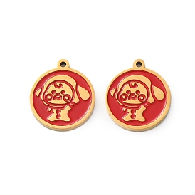 Ion Plating(IP) 304 Stainless Steel Red Enamel Charms, Flat Round with Doll Charm