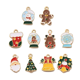 Christmas Theme Alloy Enamel Pendants, Light Gold, Gingerbread Man & Christmas Tree & Snowman & Snowflake Charm