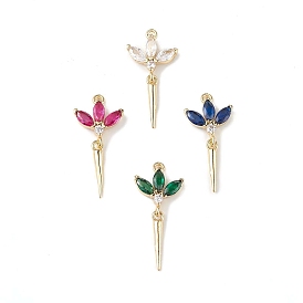 Rack Plating Brass Micro Pave Cubic Zirconia Pendants, Flower Charm, Cadmium Free & Lead Free, Long-Lasting Plated, Real 18K Gold Plated