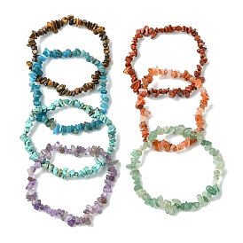 7Pcs 7 Styles Chakra Natural Red Jasper & Red Aventurine & Apatite & Amethyst & Green Aventurine & Tiger Eye, Synthetic Turquoise Stretch Chip Beaded Bracelet Sets, Stackable Bracelets