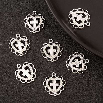 Zinc Alloy Open Back Bezel Pendants, For DIY UV Resin, Epoxy Resin, Pressed Flower Jewelry, Heart with Cross