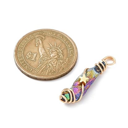 Electroplated Raw Rough Natural Quartz Crystal Copper Wire Wrapped Pendants, Rainbow Plated Teardrop Charms with Brass Star Beads