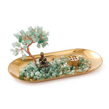 Natural Gemstone Chips with Brass Incense Burner Holder, with Rose Gold Plated Brass Wires and Buddha, Lucky Tree