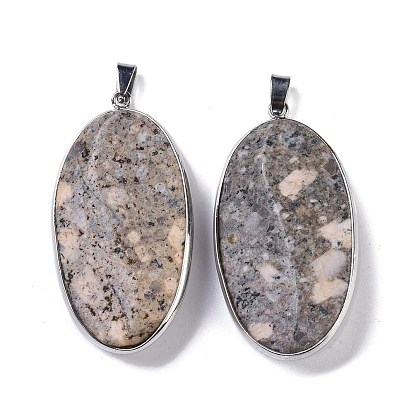 Natural Plum Blossom Jasper Big Pendants, with Platinum Plated Brass Findings, Oval Charms