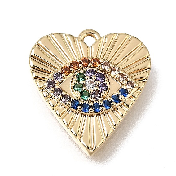 Brass Micro Pave Colorful Cubic Zirconia Pendants, Heart with Evil Eye Charms