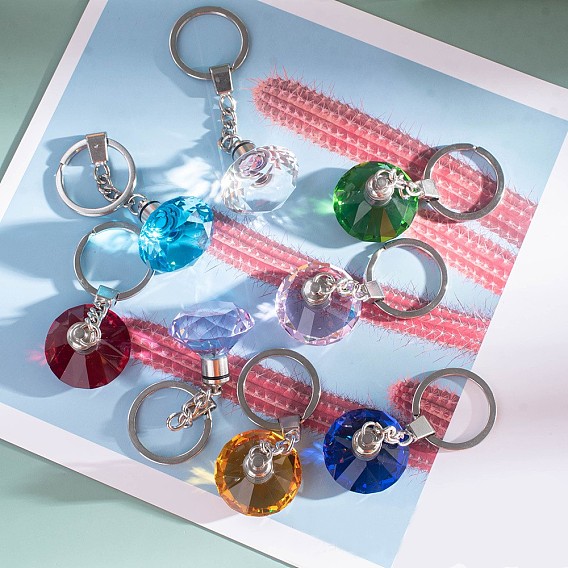 Diamond Shape Faceted Glass Keychain, with Platinum Plated Iron Split Key Rings