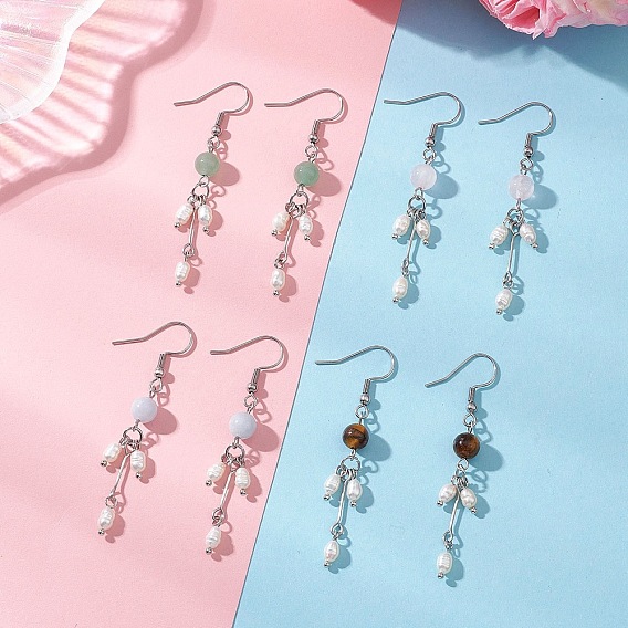 Круглые серьги-подвески с натуральными камнями и бусинами из натурального жемчуга, украшенные кисточками.