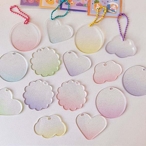 Gradient Style Transparent Acrylic Keychain, with Plastic Ball Chains, with Glitter Powder, Mixed Shapes