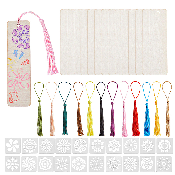 Наборы для изготовления закладок своими руками, включая деревянную закладку, кисточки из полиэстера, пластиковые трафареты
