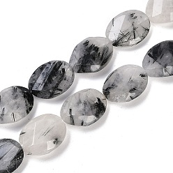 Natural Tourmalinated Quartz Beads Strands, Faceted, Oval