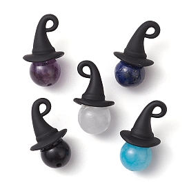 5Pcs 5 Styles Halloween Natural Mashan Jade & Lapis Lazuli & Amethyst & Quartz Crystal & Black Stone Pendants, with Black Alloy Witch Hats