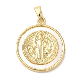 Rack Plating Brass Pave Shell Saint Benedict Medal Pendants, Flat Round Charms, Cadmium Free & Lead Free, Long-Lasting Plated