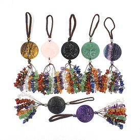 Gemstone Carved Flat Round with Tree of Life Pendant Decoratons, Braided Thread and Chakra Gemstone Chip Tassel for Bag Key Chain Hanging Ornaments